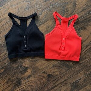 Ribbed Snap-Front Racerback Crop Top — Black & Red